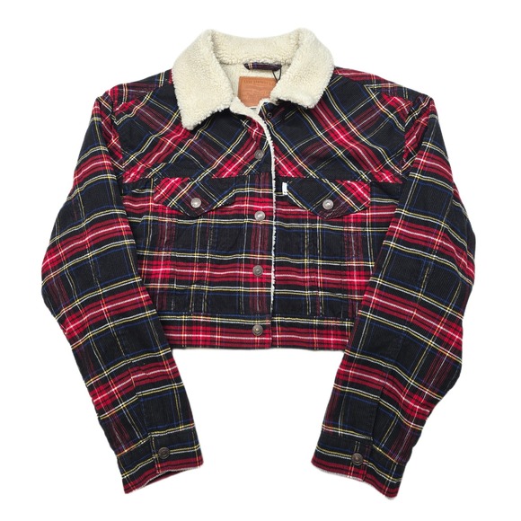 Levis Corduroy Sherpa Trucker Jacket Womens Small Red Plaid Cropped $128 NEW - Picture 1 of 14